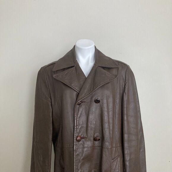 Vintage 1980s Brown Leather Pea Coat Trench Style Overcoat - Mens Size M/L - Picture 9 of 10